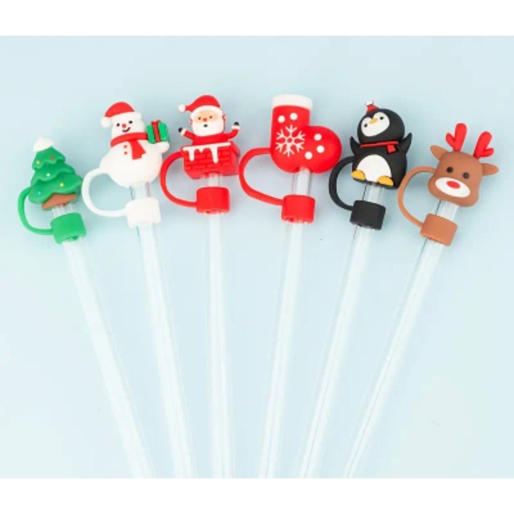 6pc Christmas Silicone Straw Topper Covers Straws Santa Snowman Penguin Stanley